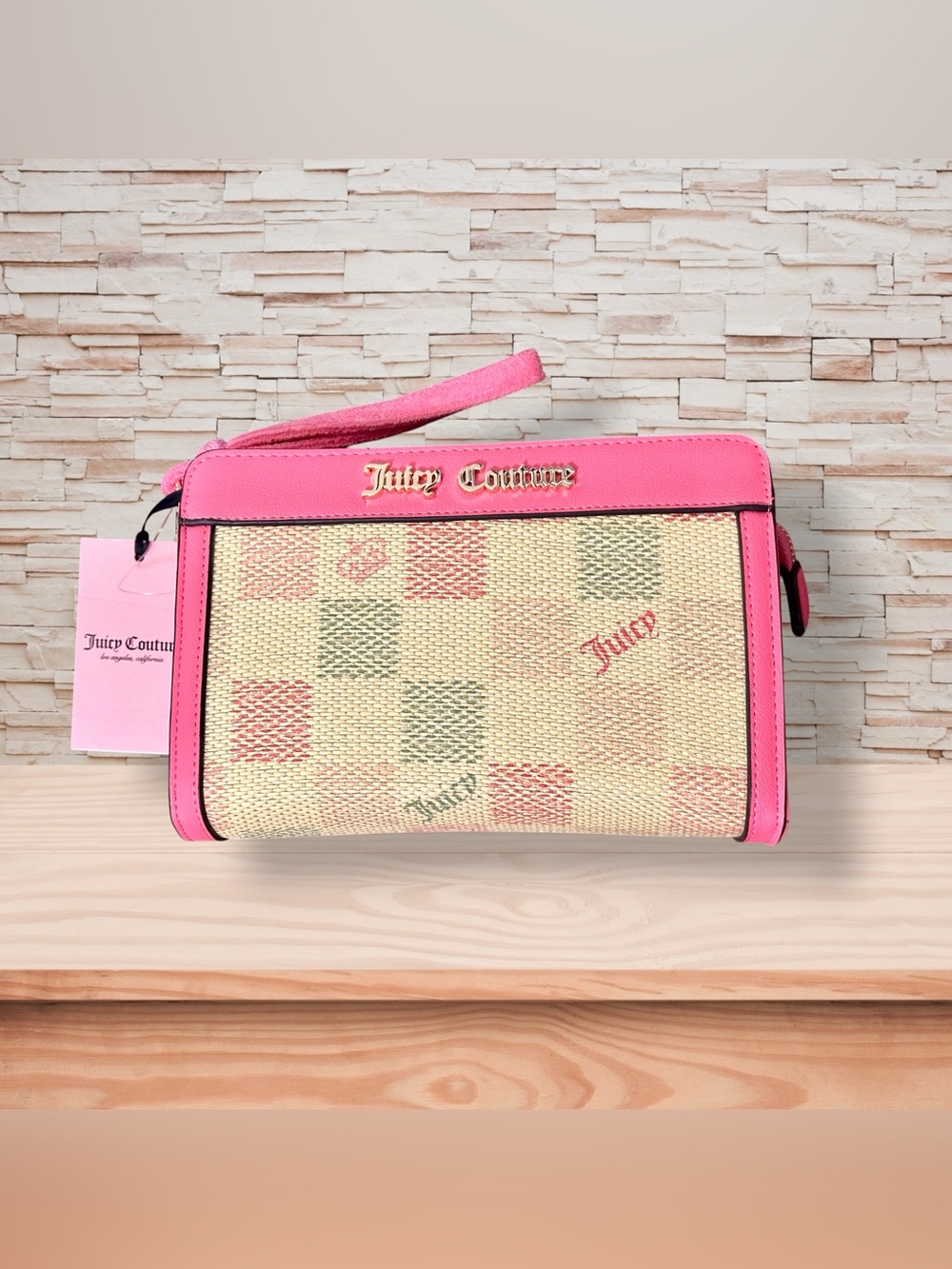 Juicy Couture “Free to Be Juicy” Pink and Cream Woven Check Wristlet 👛